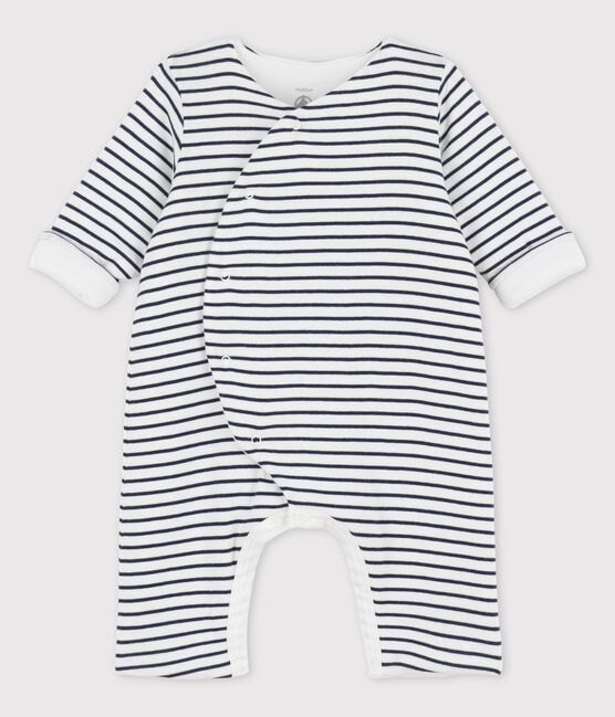 Gestreifter Baby-Langoverall aus Bio-Baumwolle weiss MARSHMALLOW/blau SMOKING
