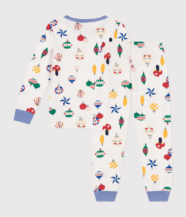 Kinder-Pyjama aus aufgerautem Molton mit Weihnachtskugel-Motiv weiss/vielfarbig