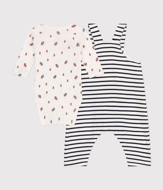 Baby-Set Latzhose und Body aus Baumwolle weiss MARSHMALLOW/blau SMOKING