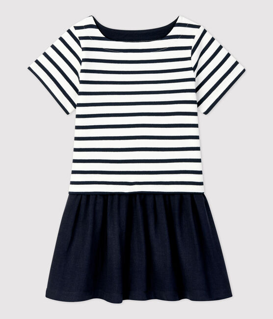Kleid aus Bio-Baumwolljersey und -Musselinstoff für Mädchen weiss MARSHMALLOW/blau SMOKING