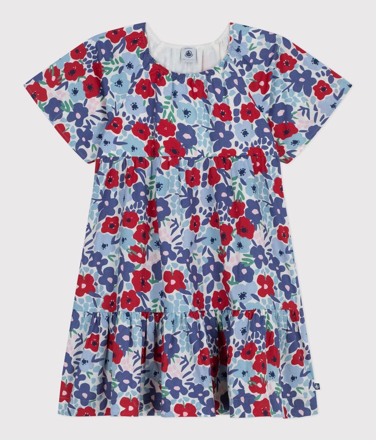 Kurz&auml;rmeliges Kinder-Kleid aus Baumwolle mit Blumenmotiv weiss/vielfarbig