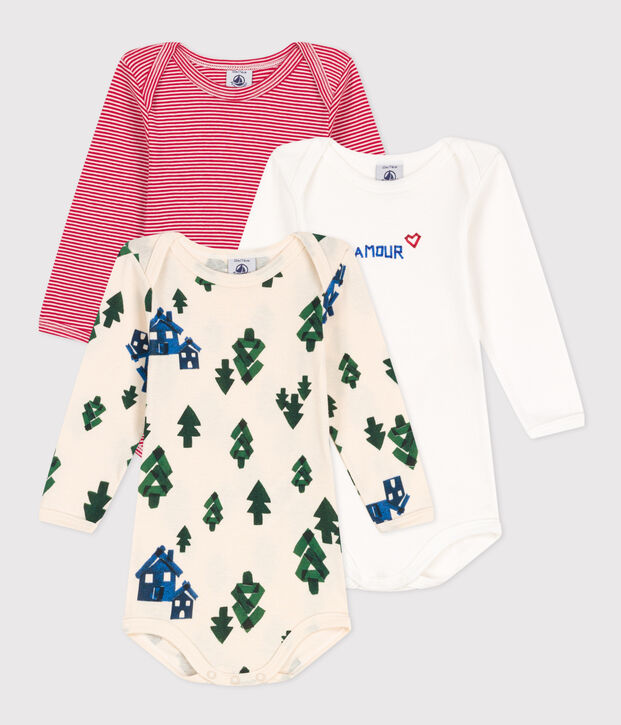 3er-Set lang&auml;rmelige Baby-Bodys aus Baumwolle mit Tannenb&auml;umen vielfarbig