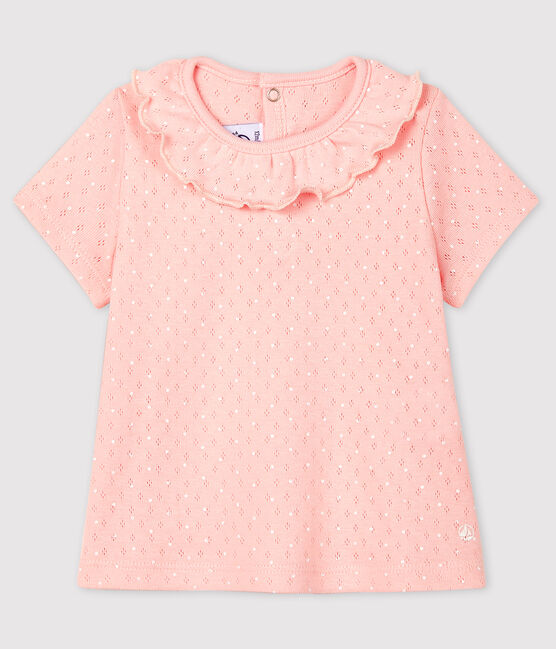 Kurzärmelige Baby-Bluse aus Baumwolle für Mädchen rosa MINOIS/weiss ECUME
