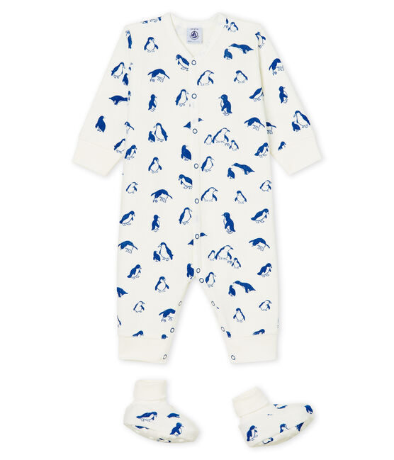 Baby-Nacht-Ensemble aus extra warmem, angerautem Bouclé-Frottier weiss MARSHMALLOW/blau MAJOR CN