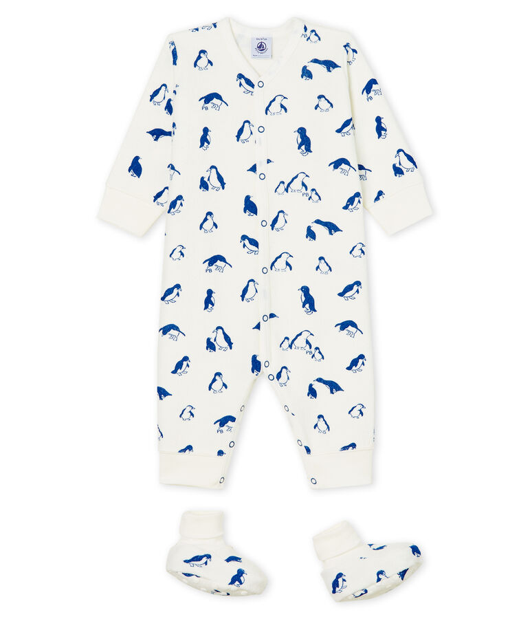 Baby-Nacht-Ensemble aus extra warmem, angerautem Boucl&eacute;-Frottier weiss/blau