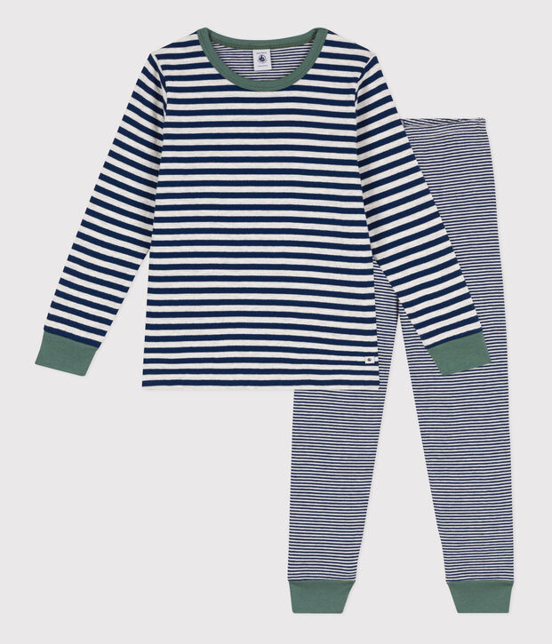 Kinderpyjama aus Doppeljersey mit Ringelstreifen blau/beige