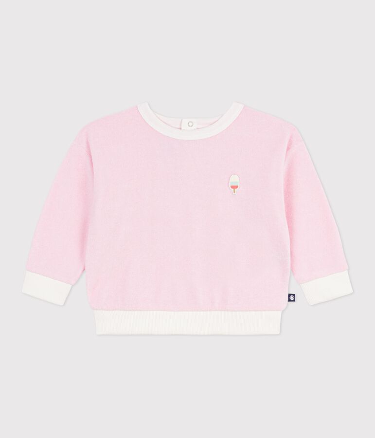 Baby-Kapuzensweatshirt aus einfarbiger Baumwolle und Eis-Aufn&auml;her rosa