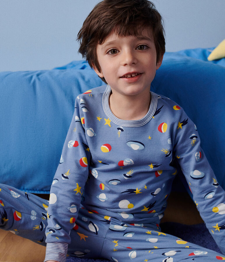 Kinder-Pyjama aus aufgerautem Molton mit Weltraummotiv blau/vielfarbig