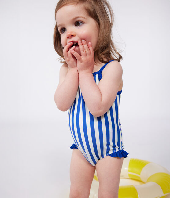 Einteiliger Baby-Badeanzug mit Streifenmuster und Rüschen blau SURF/weiss MARSHMALLOW