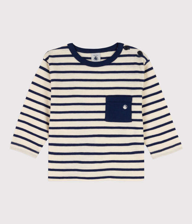 Lang&auml;rmeliges Baby-T-Shirt aus Baumwolle naturfarben/blau