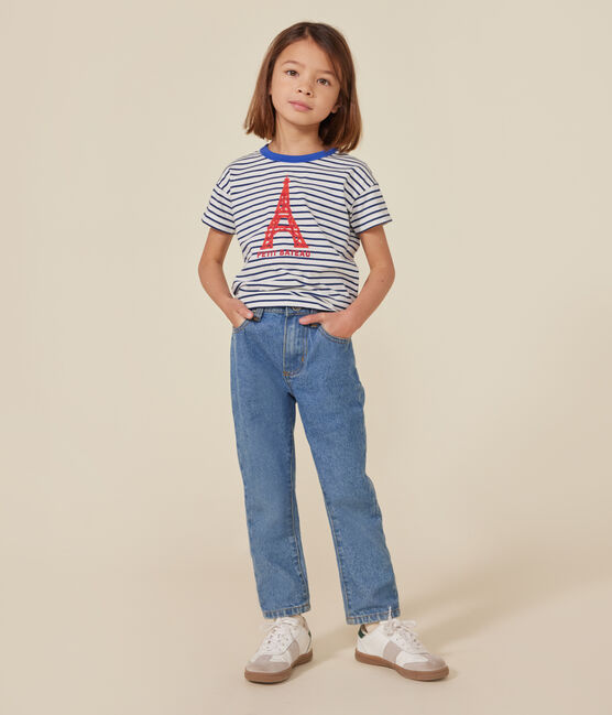 Kurzärmeliges Kinder-T-Shirt aus Jersey weiss MARSHMALLOW/blau MEDIEVAL