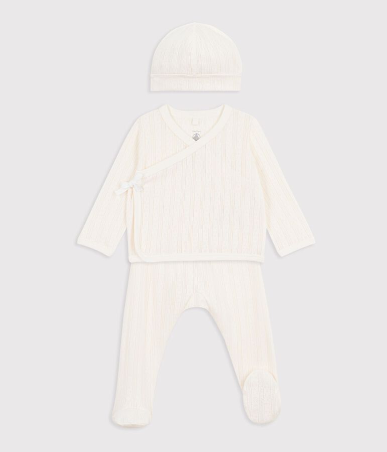 Langes 3-teiliges Baby-Set aus Baumwolle mit Lochstickerei und dazu passendem M&uuml;tzchen naturfarben