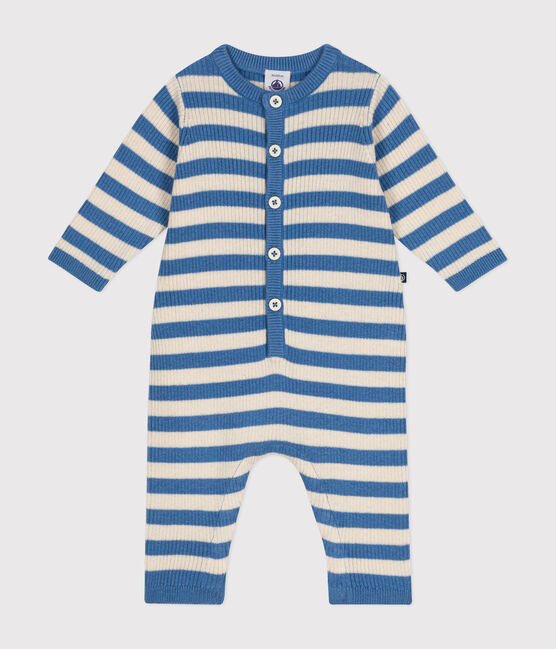 Gestreifter Baby-Overall aus Woll- und Baumwollstrick blau BEACH/ AVALANCHE