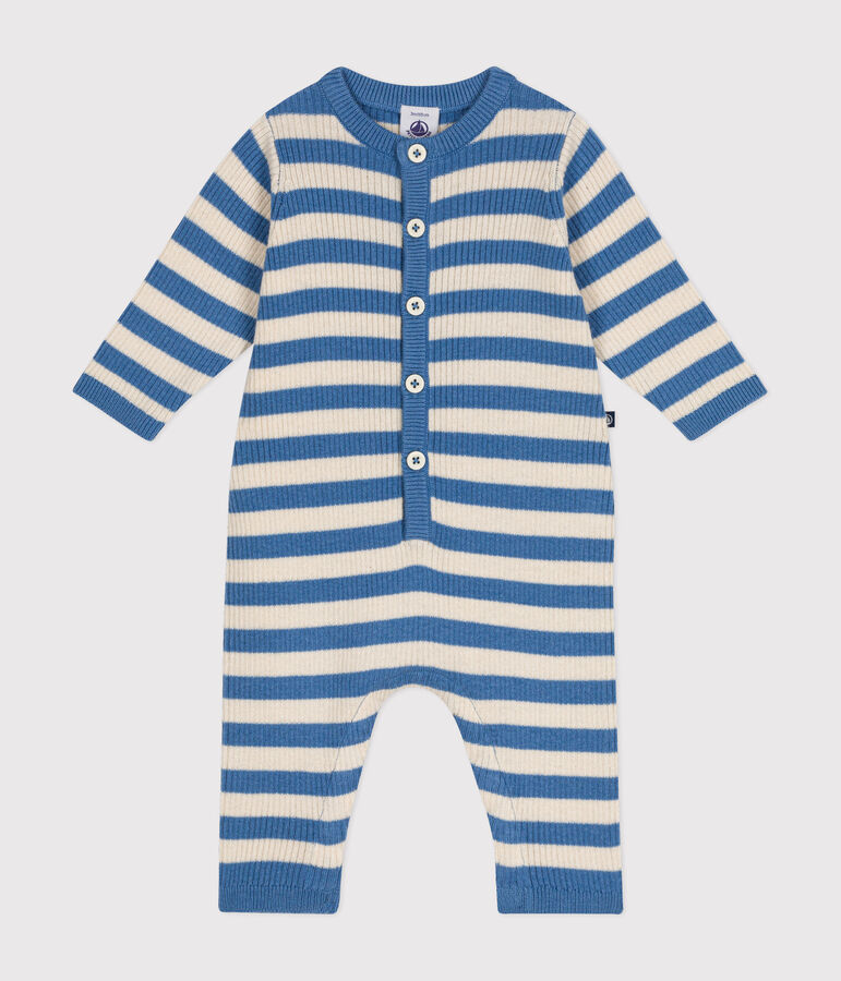 Gestreifter Baby-Overall aus Woll- und Baumwollstrick blau/naturfarben