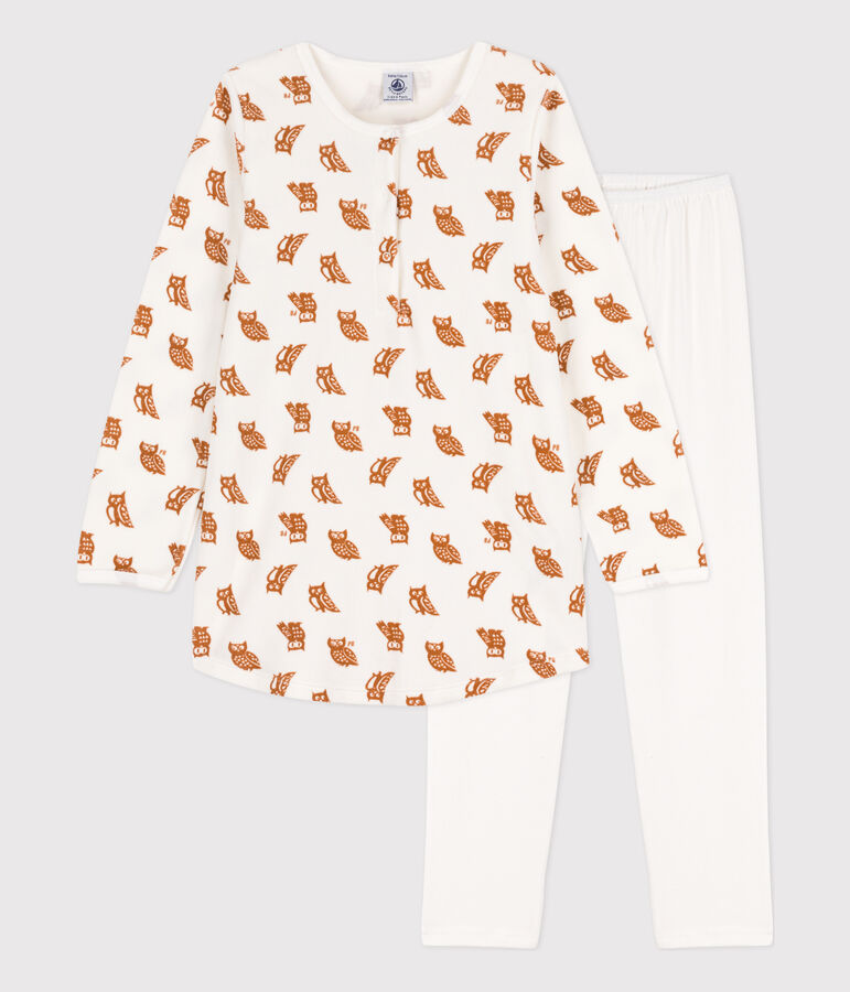 Kinder-Nachthemd und -Leggings aus Nicki und Baumwolle mit Eulenmotiv f&uuml;r M&auml;dchen weiss/braun