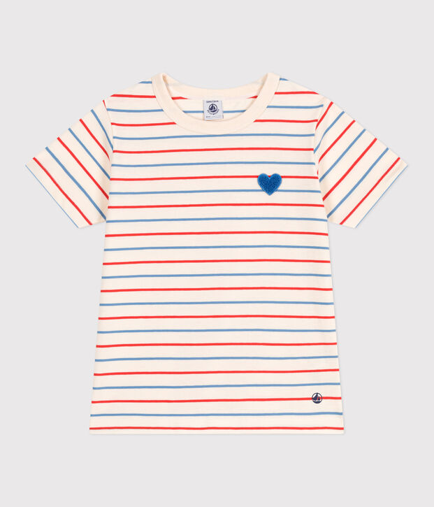 Kurz&auml;rmeliges Kinder-T-Shirt aus Baumwolle mit Streifen und Herz naturfarben/vielfarbig