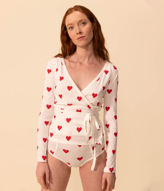 Wickel-Cardigan aus Bio-Baumwolle Damen weiss MARSHMALLOW/rot TERKUIT