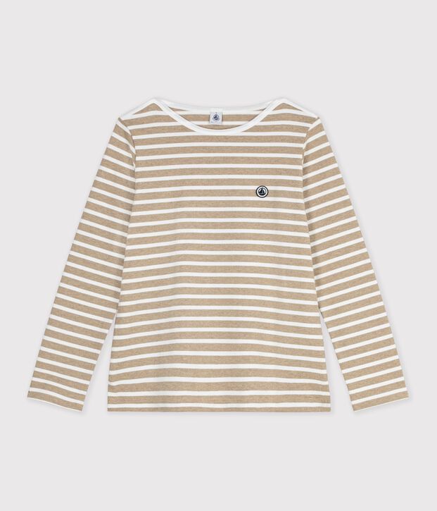 Lang&auml;rmeliges Damen-Streifenshirt Marini&egrave;re aus Baumwolle beige/weiss