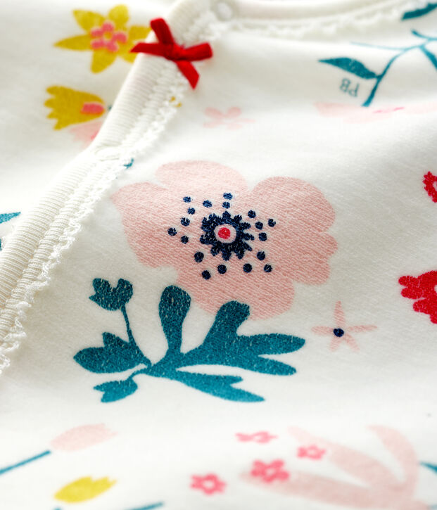 Baby-Strampler aus Nicki mit Blumenmuster f&uuml;r M&auml;dchen weiss/vielfarbig