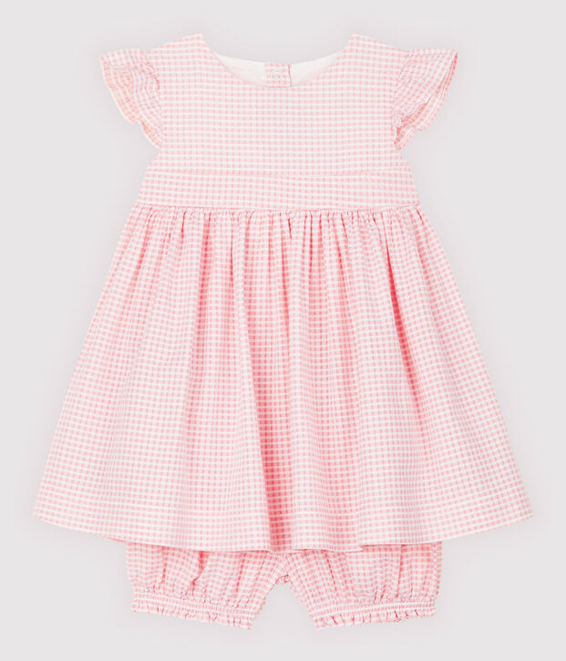 Baby-Kleid und -Bloomers f&uuml;r M&auml;dchen. rosa/weiss