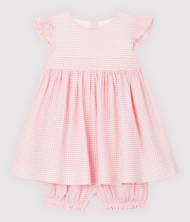 Baby-Kleid und -Bloomers f&uuml;r M&auml;dchen. rosa/weiss