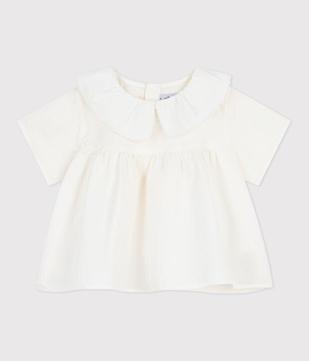 Kurz&auml;rmelige Baby-Bluse aus einfarbigem Baumwoll-Popeline weiss