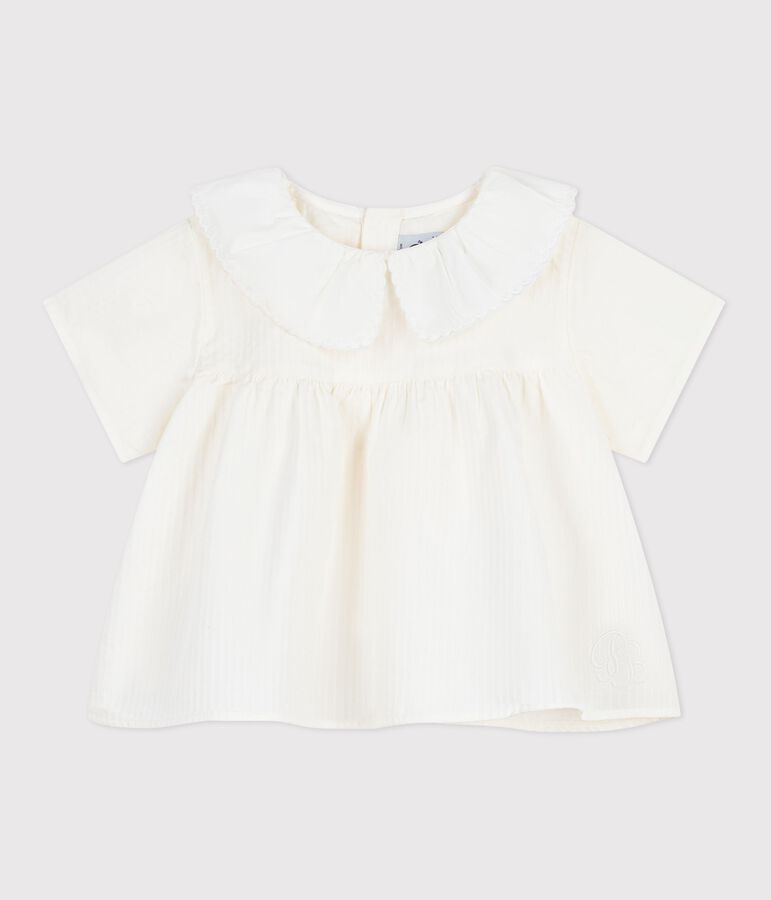 Kurz&auml;rmelige Baby-Bluse aus einfarbigem Baumwoll-Popeline weiss MARSHMALLOW