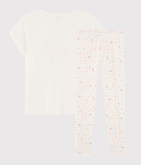 Pyjama aus Rippstrick mit rosarotem Flamingomotiv für Mädchen/Damen weiss MARSHMALLOW/weiss MULTICO