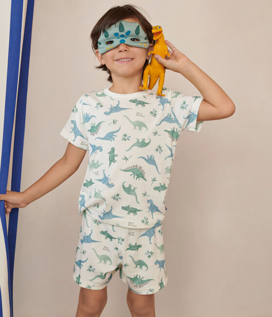 Kinder-Kurzpyjama zum Verkleiden aus Baumwolle mit Dinos weiss MARSHMALLOW/weiss MULTICO