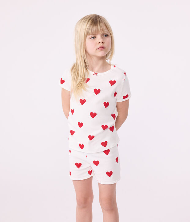Kinder-Kurzpyjama aus Baumwolle mit Herzmotiv f&uuml;r M&auml;dchen weiss/rot