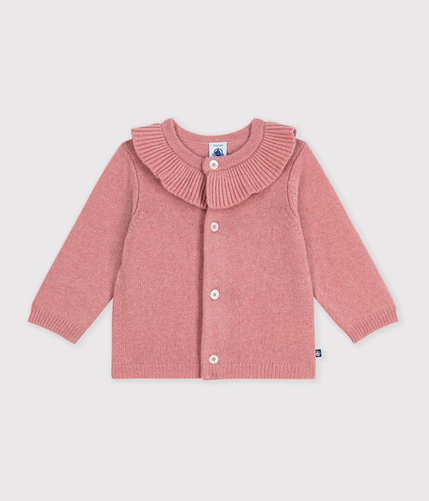 Baby-Cardigan mit Kragen aus einfarbigem Woll- und Baumwollstrick rosa