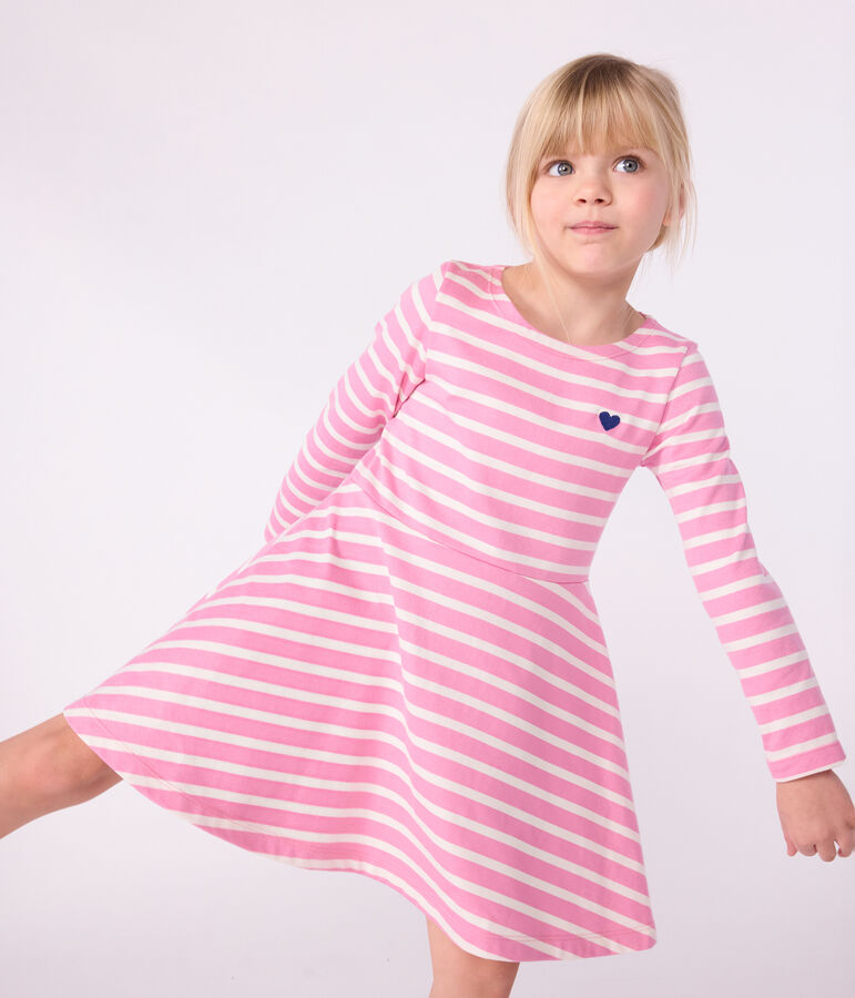 Lang&auml;rmeliges Kinder-Kleid aus Baumwolle rosa/naturfarben