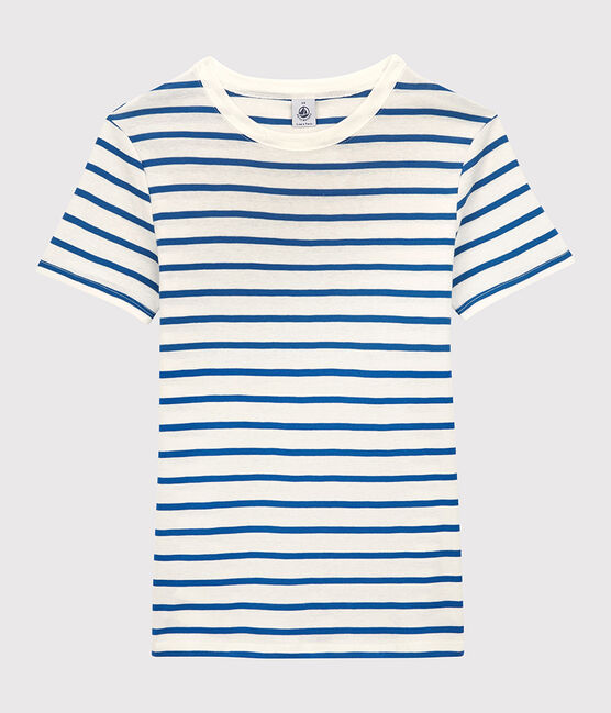 T-Shirt L’ICONIQUE mit rundem Ausschnitt aus Bio-Baumwolle für Damen weiss MARSHMALLOW/blau DELFT