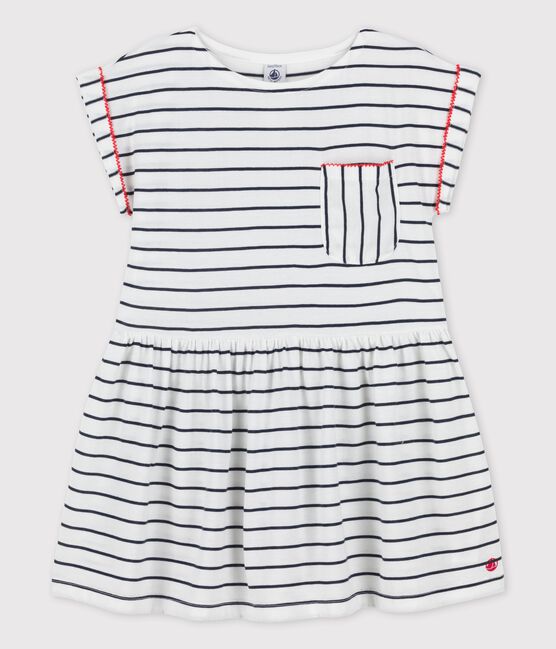 Kurzärmeliges Kleid aus Baumwolle für Mädchen weiss MARSHMALLOW/blau SMOKING