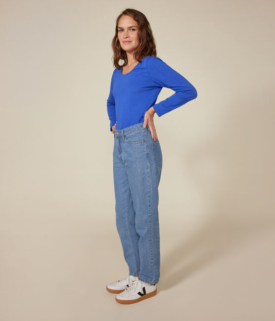 Langärmeliges Damen-T-Shirt "Le Droit" mit weitem Ausschnitt aus geflammten Jersey blau CALVIN