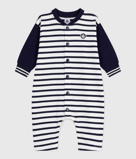 Langer Baby-Overall aus Baumwolle mit Matrosenstreifen weiss MARSHMALLOW/blau SMOKING
