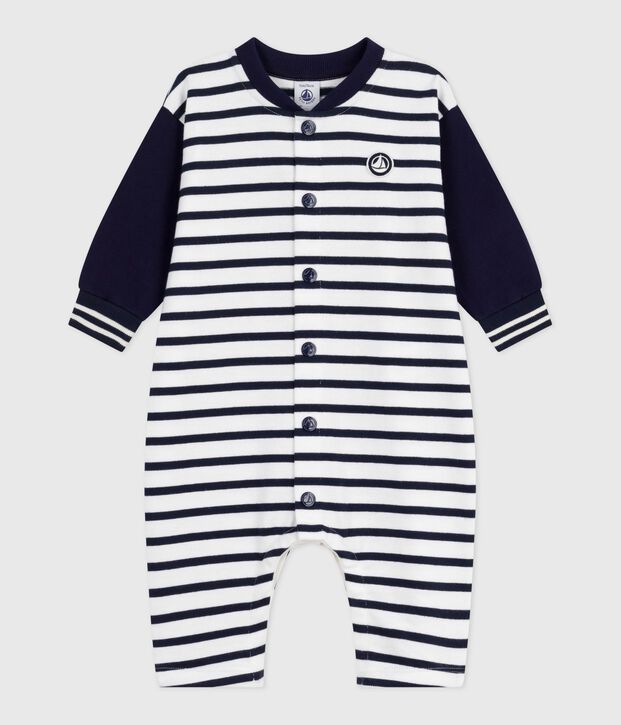Langer Baby-Overall aus Baumwolle mit Matrosenstreifen weiss/blau