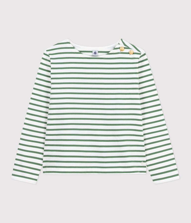 Lang&auml;rmeliges Damen-Streifenshirt Marini&egrave;re aus Baumwolle gr&uuml;n MARSHMALLOW/ PALMERAIE