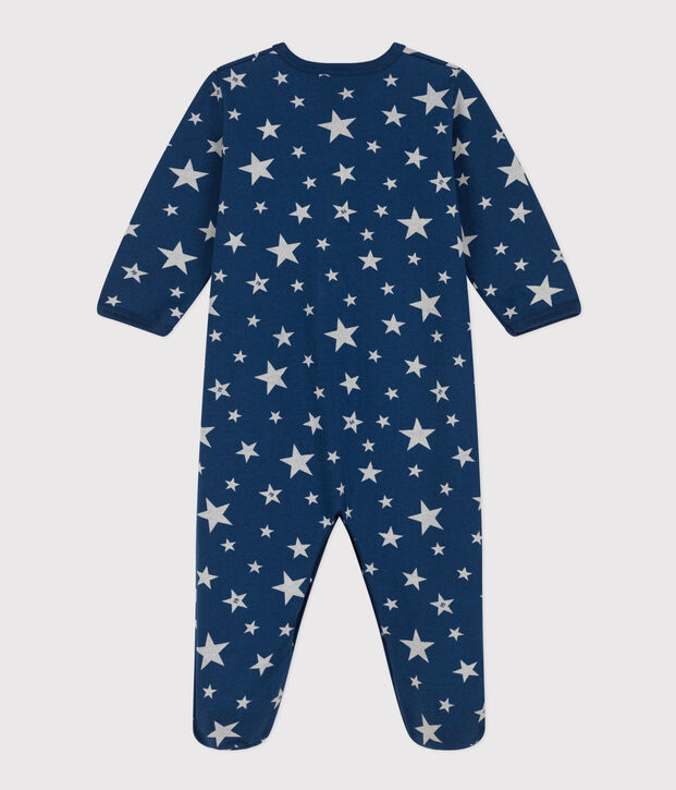 Strampler aus Molton mit phosphoreszierenden Sternen blau/weiss