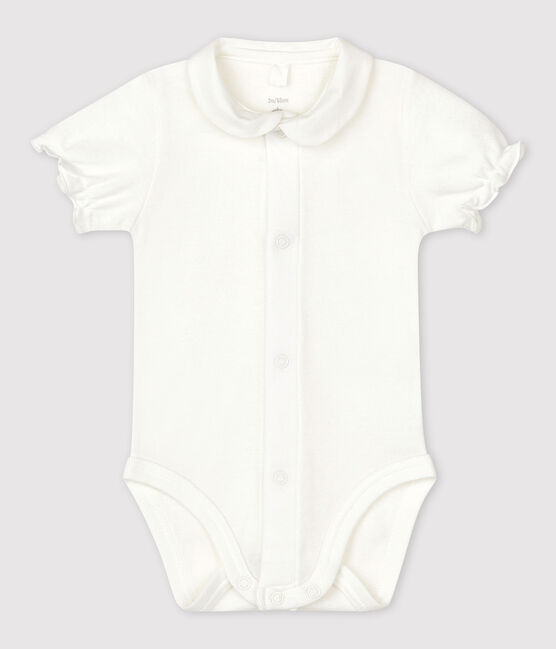 Kurzärmeliger Baby-Body aus Bio-Baumwolle mit Kragen weiss MARSHMALLOW