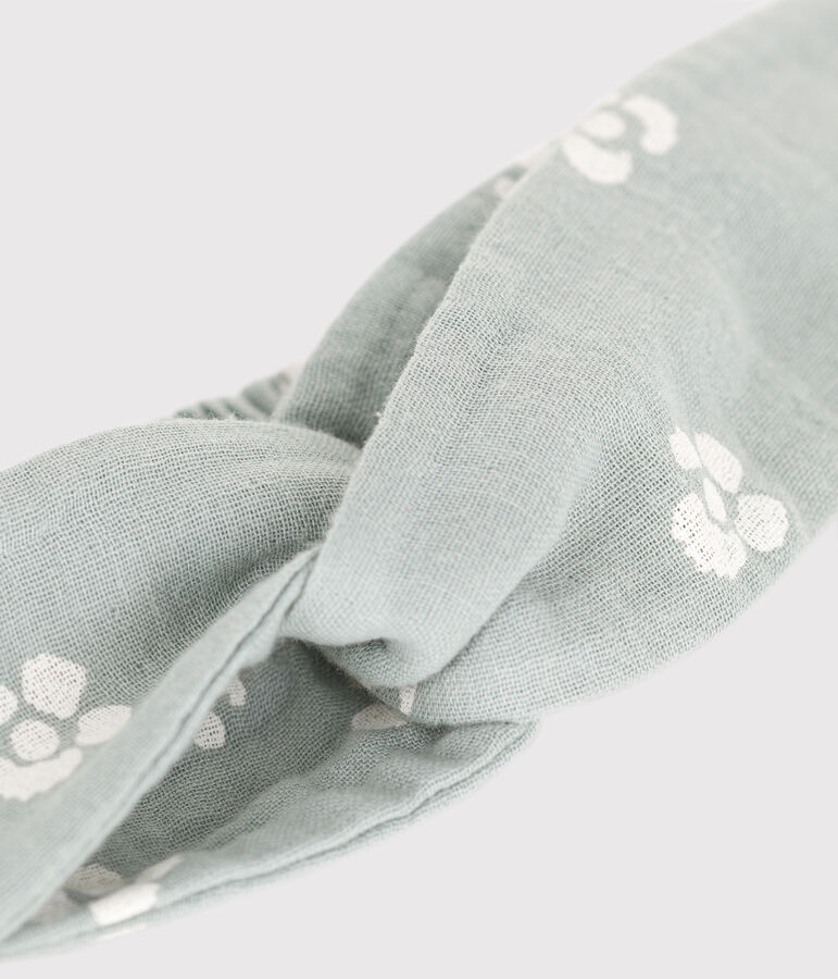 Baby-Stirnband aus Baumwollgaze mit Blumendruck gr&uuml;n/weiss