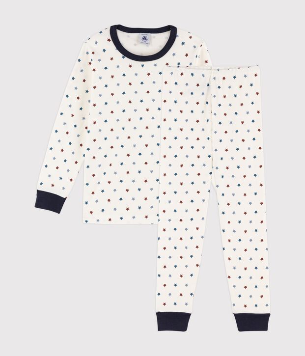 Rippstrick-Pyjama mit Boot-Print f&uuml;r kleine Jungen weiss/vielfarbig