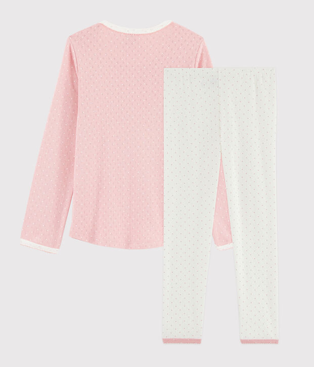 Kinderpyjama aus Rippstrick mit Lochmuster f&uuml;r M&auml;dchen weiss/rosa