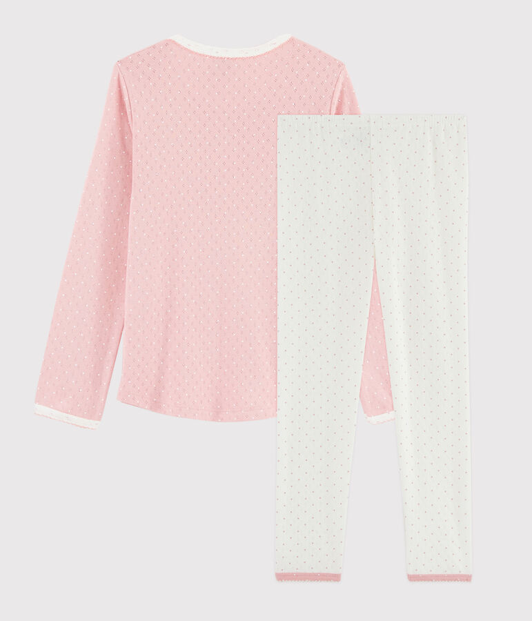 Kinderpyjama aus Rippstrick mit Lochmuster f&uuml;r M&auml;dchen weiss MARSHMALLOW/rosa CHARME