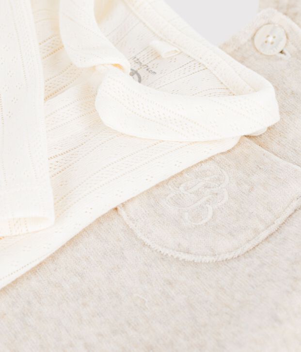 Baby-Set Latzhose und Body mit Kragen aus einfarbiger Baumwolle naturfarben/naturfarben