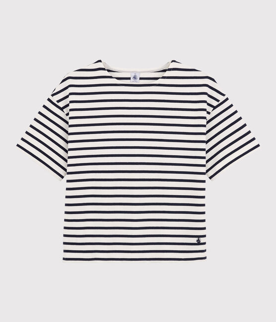 Kurzärmeliges Matrosenshirt aus Baumwolle für Damen. weiss MARSHMALLOW/blau SMOKING