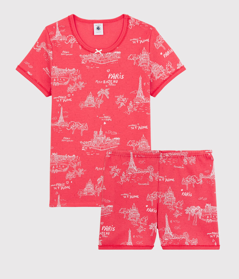 Kinder-Kurzpyjama mit Paris-Motiv aus Baumwolle f&uuml;r M&auml;dchen rosa/rosa