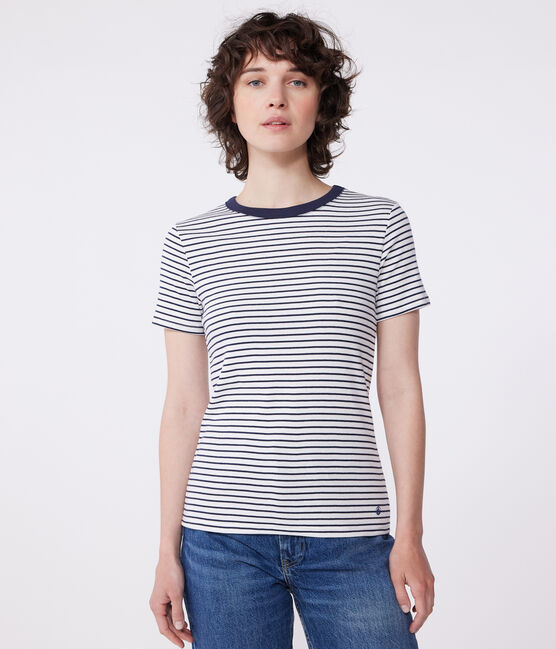 Kurzärmeliges Damen-T-Shirt "L'Iconique" aus gestreiftem Rippstrick weiss MARSHMALLOW/blau SMOKING