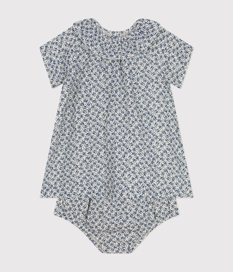 Kurz&auml;rmeliges Babykleid mit Bloomers aus Musselin naturfarben/blau