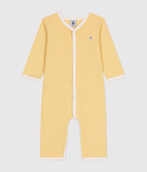 Lang&auml;rmelige, fu&szlig;freie Baby-Pyjamas aus Baumwolle gelb/weiss